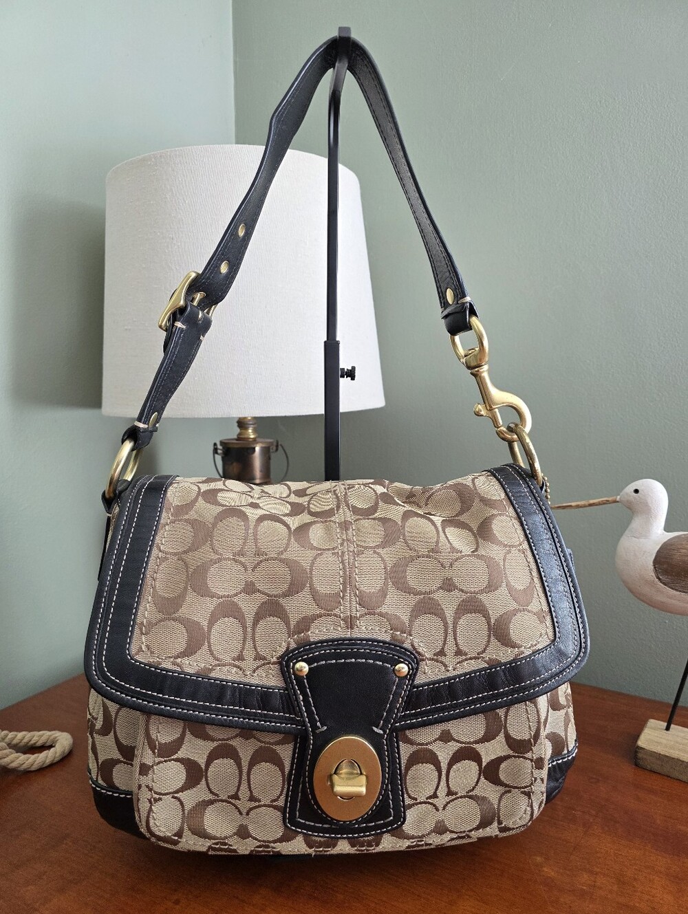 Coach Legacy Ali F12857 Khaki Black Signature Canvas Leather Shoulder Bag Y2K